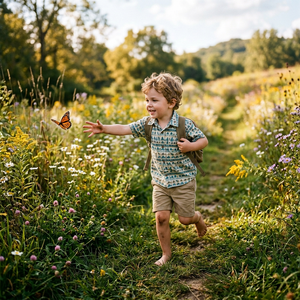 Child reaching toward a butterfly while running through a wildflower meadow