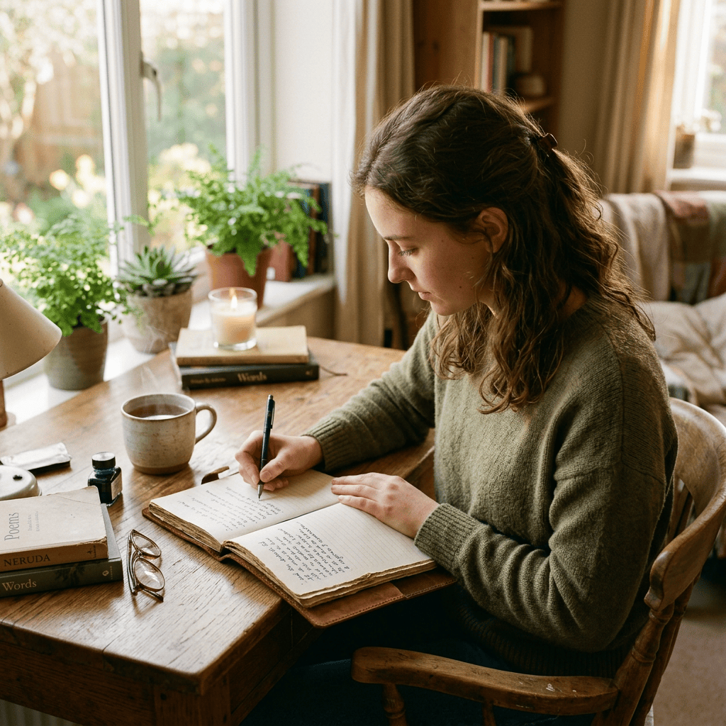 Woman writing in a journal at a wooden table by a sunny window
